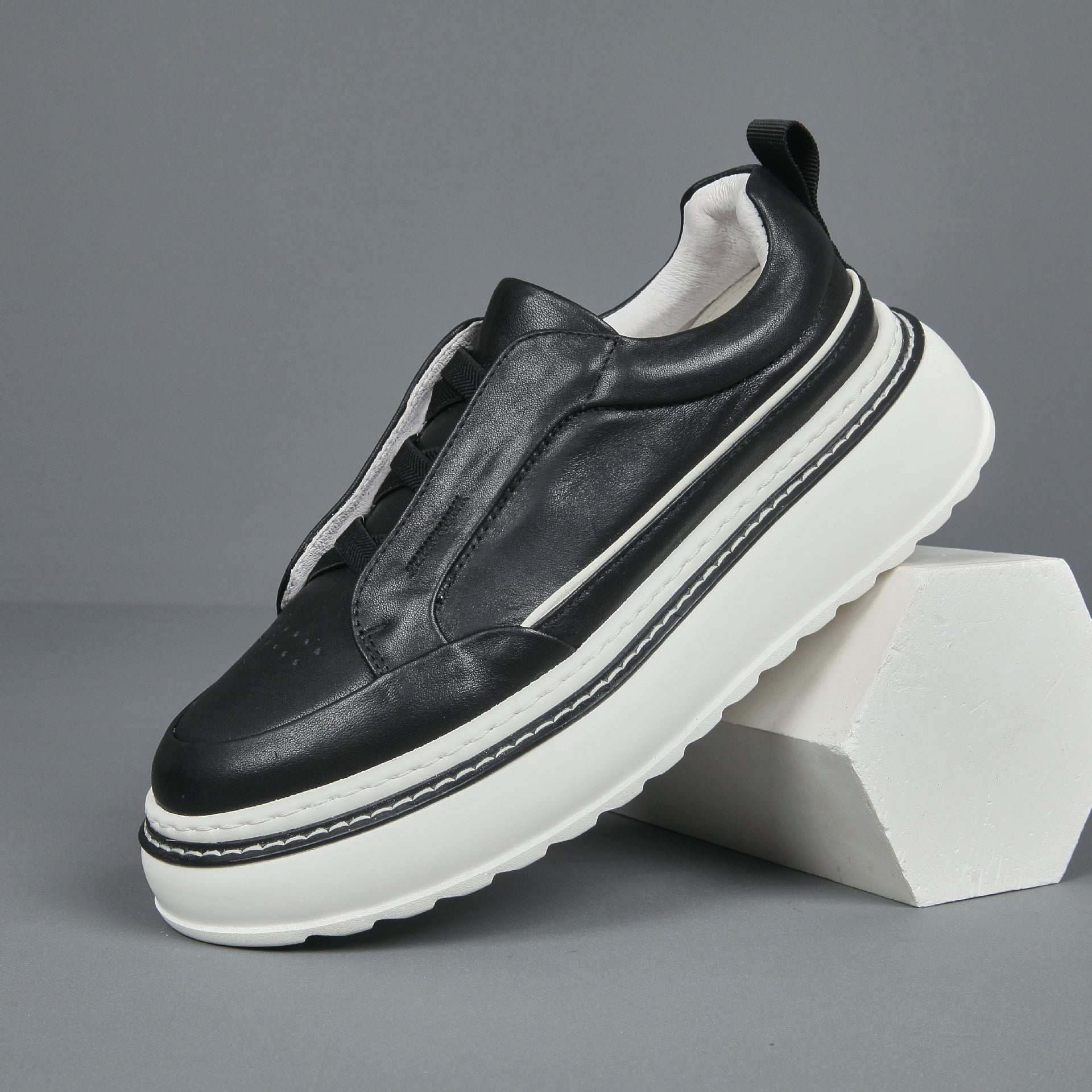 Men’s Breathable Slip-On Sneakers – Simple All-Match Cowhide Platform Casual Shoes