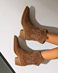 Women’s Short Western Cowboy Boots – Suede Pointed Toe Thick Heel Slip-On Retro Ankle Boots