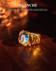 Mid-Century Lab Sapphire Ring – Adjustable Gold-Plated Statement Jewelry – Vintage Ruyi Motif