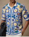 Ethnic Crochet Knit Shirt – Blue Colorblock Short Sleeve Top (M-3XL)