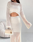 Women’s Hollow-Out Knitted Suit Skirt Set – Long-Sleeve Net Woven Two-Piece Outfit