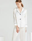 Pyjama en soie de mûrier 19 mm pour femme - Col à revers (blanc/abricot clair) - Vêtements de détente respirants de luxe (M-XL)