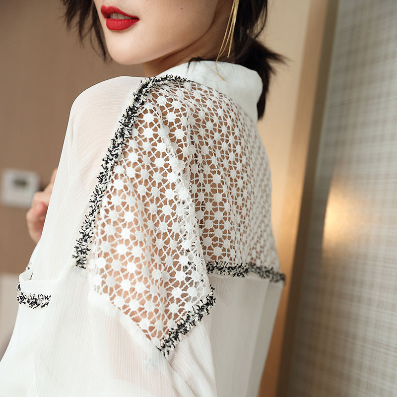 Women’s Summer Chiffon Hollow Lace Shirt – Sexy Single-Breasted Cardigan Blouse