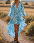 🌸 Women’s V-Neck Irregular Hem Floral Dress – Long Sleeve Fairy Style