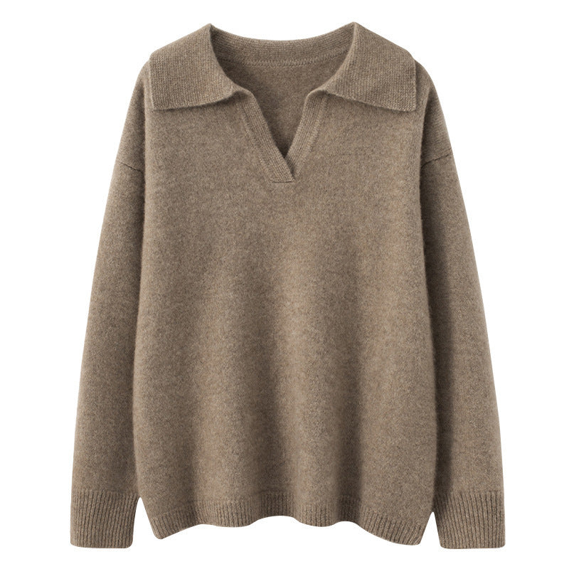 Pull col polo en cachemire pour femme – Coupe courte et ample (taille unique, longueur 50 cm)
