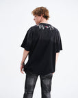 MEN Oversized Letter Print T-Shirt - 100% Cotton Loose Fit Streetwear Tee (Washed Black, S-XXL)