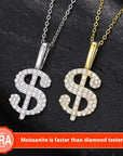 Sterling Silver Moissanite Dollar Sign Necklace - Gold/White Plated Hip Hop Pendant (O-Ring Chain)