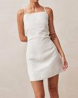 Robe courte à lacets pour femme – Robe streetwear sans manches en coton et lin (chanvre/noir/blanc)