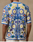 Ethnic Crochet Knit Shirt – Blue Colorblock Short Sleeve Top (M-3XL)