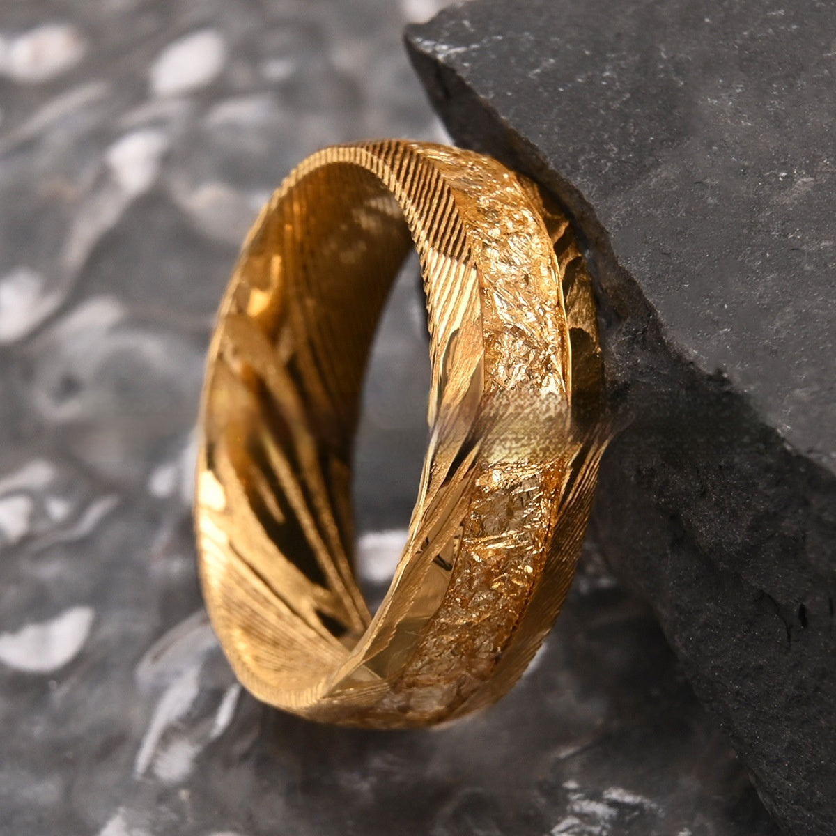 Damascus Steel Ring for Men - Gold Foil Inlay Minimalist Band (Sizes 7-13)