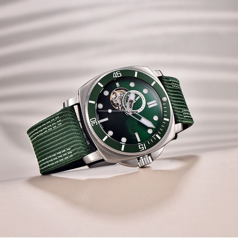 Sports Automatic Mechanical Watch – Luminous Night Display | 20M Waterproof | Nylon-Leather Strap
