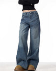 Women’s Rivet High-Waist Wide-Leg Jeans – 90% Cotton Baggy Fit (Blue)