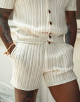 Vertical Stripe Suit Set – Slim Lapel Shirt & Shorts for Effortless Summer Style