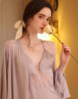 Ensemble chemise de nuit et peignoir pour femme (abricot crème/violet cendré) - Pyjama de luxe 2 pièces (S-XL)