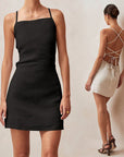 Robe courte à lacets pour femme – Robe streetwear sans manches en coton et lin (chanvre/noir/blanc)