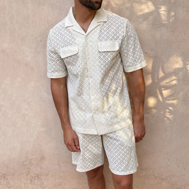 🔥 Men’s Short-Sleeve Shirt & Shorts Set – Breathable Polyester (White, S-XXXL)