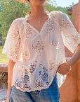 🌸 French Riviera Elegance: Women's Embroidered Cotton Lace Blouse