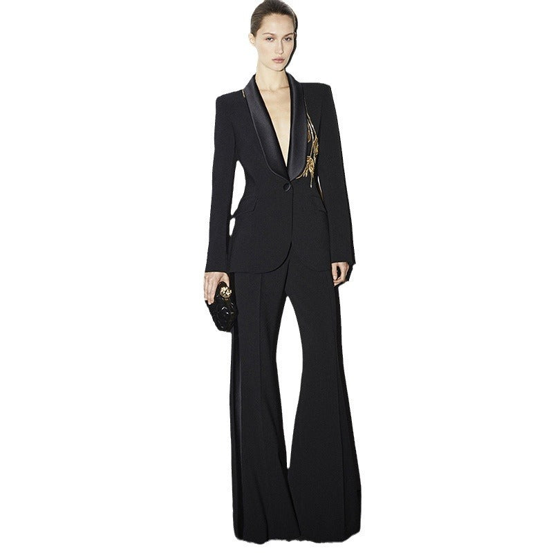 Women’s Beaded Slim Suit & Flared Pants Two-Piece Set – European Street Glam