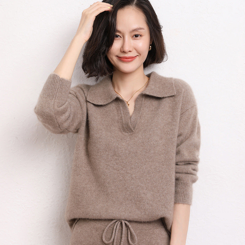 Pull col polo en cachemire pour femme – Coupe courte et ample (taille unique, longueur 50 cm)