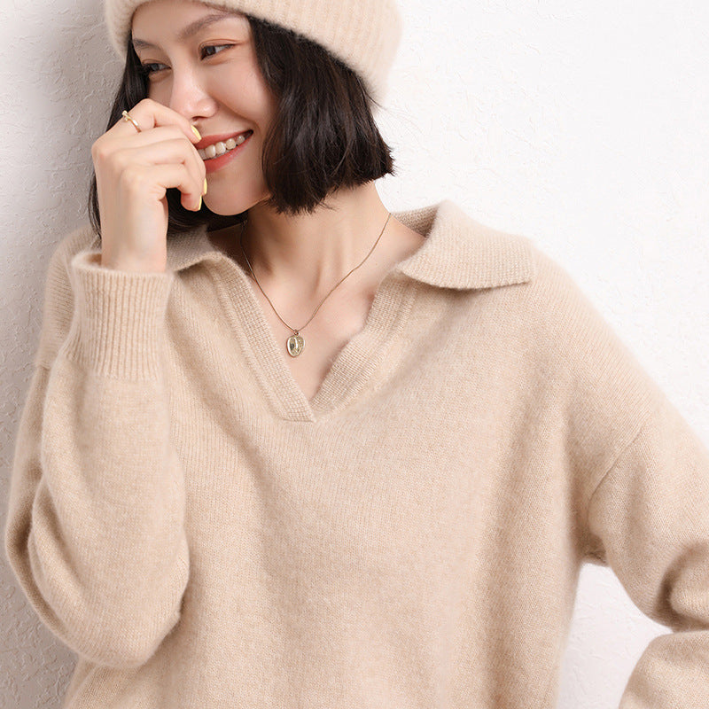 Pull col polo en cachemire pour femme – Coupe courte et ample (taille unique, longueur 50 cm)