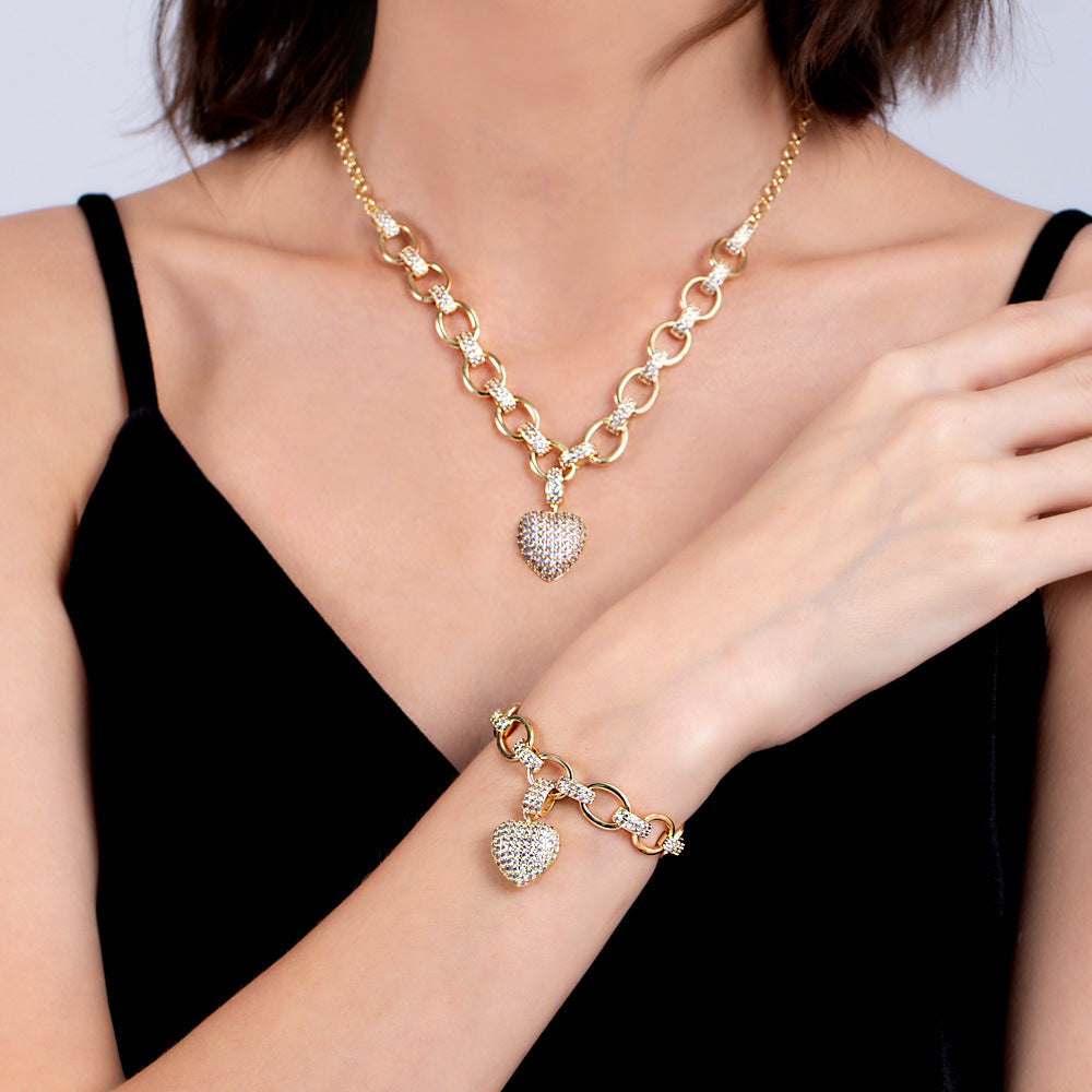 Damen-Set mit Diamant-Love-Anhänger – Halskette und Armband (Sterlingsilber/Roségold)