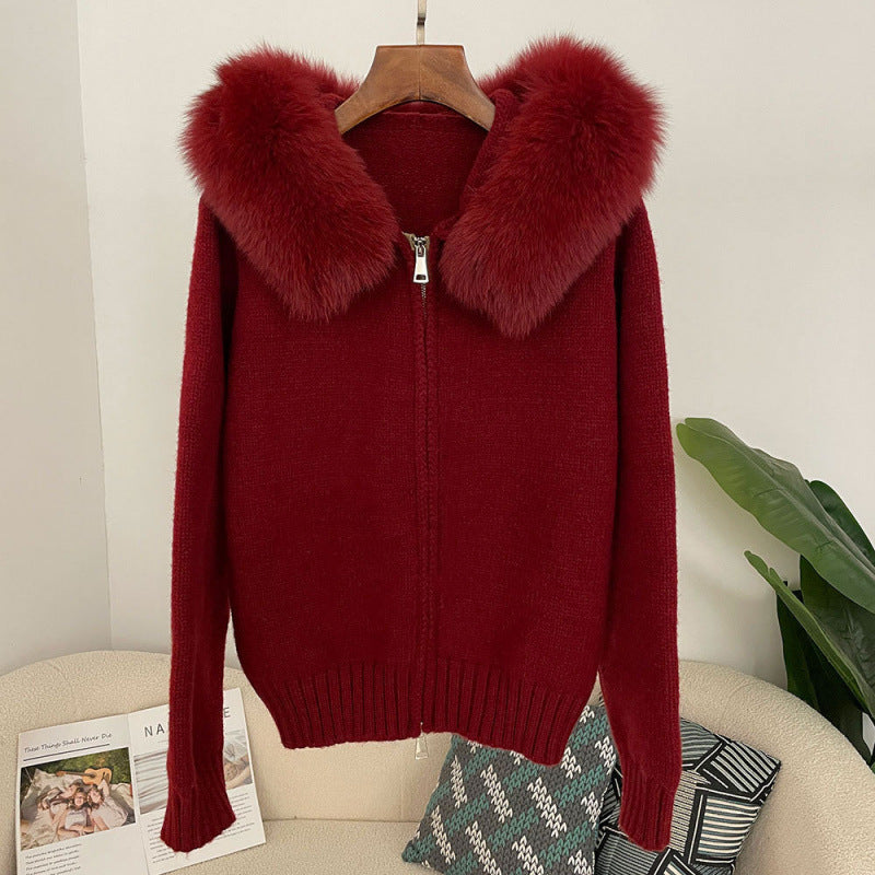 Women’s Hooded Spring Coat – Zipper Cardigan with Real Fox Fur Collar