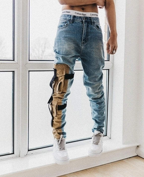 Men’s Tooling Distressed Jeans – Washed Blue Denim