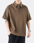 Übergroßes schweres Herren-T-Shirt – locker sitzendes T-Shirt aus Baumwollmischung mit Buchstabenstickerei (Dunkelbraun/Weiß/Grau) – amerikanischer Retro-Stil (M-4XL)