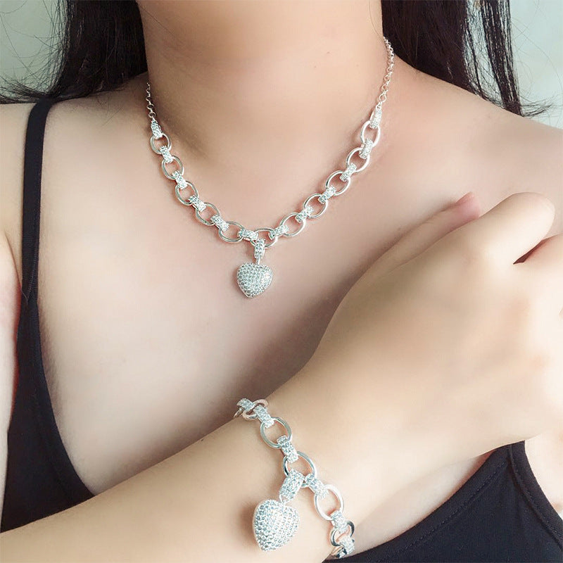 Damen-Set mit Diamant-Love-Anhänger – Halskette und Armband (Sterlingsilber/Roségold)