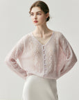 Women 75% Cashmere 25% Mulberry Silk Knitted Cardigan – Lightweight V-Neck Loose Fit Cut-Out Button Sweater