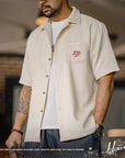 Men’s Madden Workwear Hawaiian Shirt - Light Apricot Woven Polyester (S-XXL) Short Sleeve Casual Button-Up with Embroidery