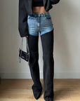 Women’s Contrast Patchwork Straight Leg Jeans - Blue & Black Denim Pants (S-XL)