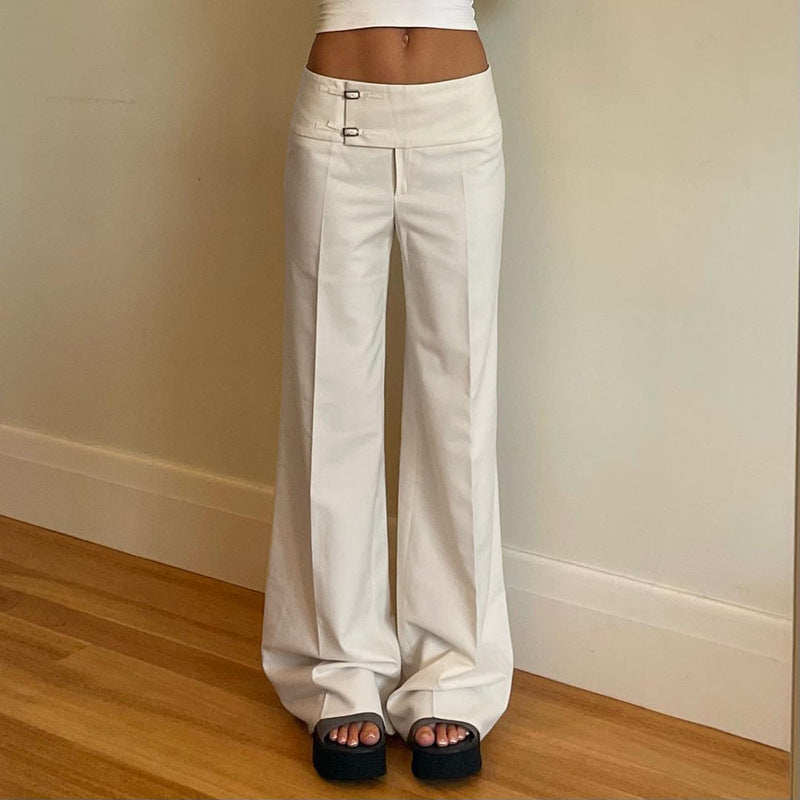 Women’s Loose Straight Pants – Metal Buckle Hip-Hugger