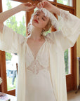 Ensemble chemise de nuit et peignoir pour femme (abricot crème/violet cendré) - Pyjama de luxe 2 pièces (S-XL)