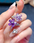Amethyst Sterling Silver Ring – Floral Inlaid Gemstone Jewelry – Boho Chic Statement Piece