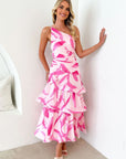 Robe longue à volants et imprimé floral pour femme (rose/violet/bleu) – Robe de soirée sexy sans manches en polyester
