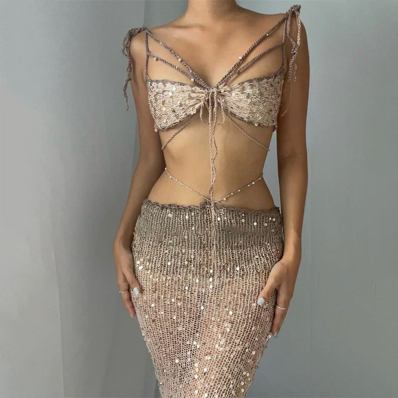 Women’s Sequin & Tulle Two-Piece Set – Glamorous Strappy Top + Flowy Skirt