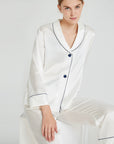 Pyjama en soie de mûrier 19 mm pour femme - Col à revers (blanc/abricot clair) - Vêtements de détente respirants de luxe (M-XL)