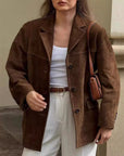 Women’s Faux Suede Suit Jacket – Retro Art Style with Modern Comfort