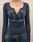 Women’s Slim Fit Long Sleeve T-Shirt - Number Print Knitted Polyester Top (Dark Blue/Black/Brown) Layering Essential