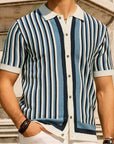 Men's Tencel Knit Shirt - Blue & Black Striped Casual Top - Breathable Sustainable Leisure Wear (S-XXL)