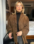 🧥 Women's Artistic Retro Brown Lapel Jacket – Collage-Stitched Polyester with Pockets (S/M/L)