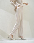 Women's Mulberry Silk Trousers - High Waist Wide Leg Pants (XS-L) - Beige Brown Lightweight Dress Pants for Work & Evening