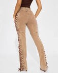 Women’s Bandage Drawstring Jeans - Army Green/Camel/Peach Denim Straight Leg Pants (S-2XL, Cotton, Street Fashion)