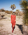 Women's Floral Silk Dress - Elegant Rose Red A-Line Long Sleeve Dress (Luxury Silk Fabric)