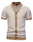 Men's Striped Knit Shirt - Army Green & Khaki Short Sleeve Top - Breathable Polyester Streetwear Tee (S-XXL)