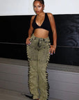 Women’s Bandage Drawstring Jeans - Army Green/Camel/Peach Denim Straight Leg Pants (S-2XL, Cotton, Street Fashion)