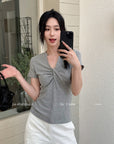 Women's V-Neck Knot Front T-Shirt - Slim Fit Polyester Top (Apricot/Gray/Red/Black, S/M) Casual Pullover Blouse
