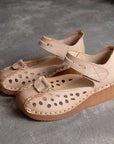 Women’s Retro Cowhide Sandals – Hollow-Toe Slope Heel (Dark Brown/Guest Brown)