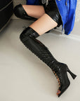 Women’s Over-the-Knee Hollow-Out Lace-Up Boots – High Heel PU Leather Statement Footwear